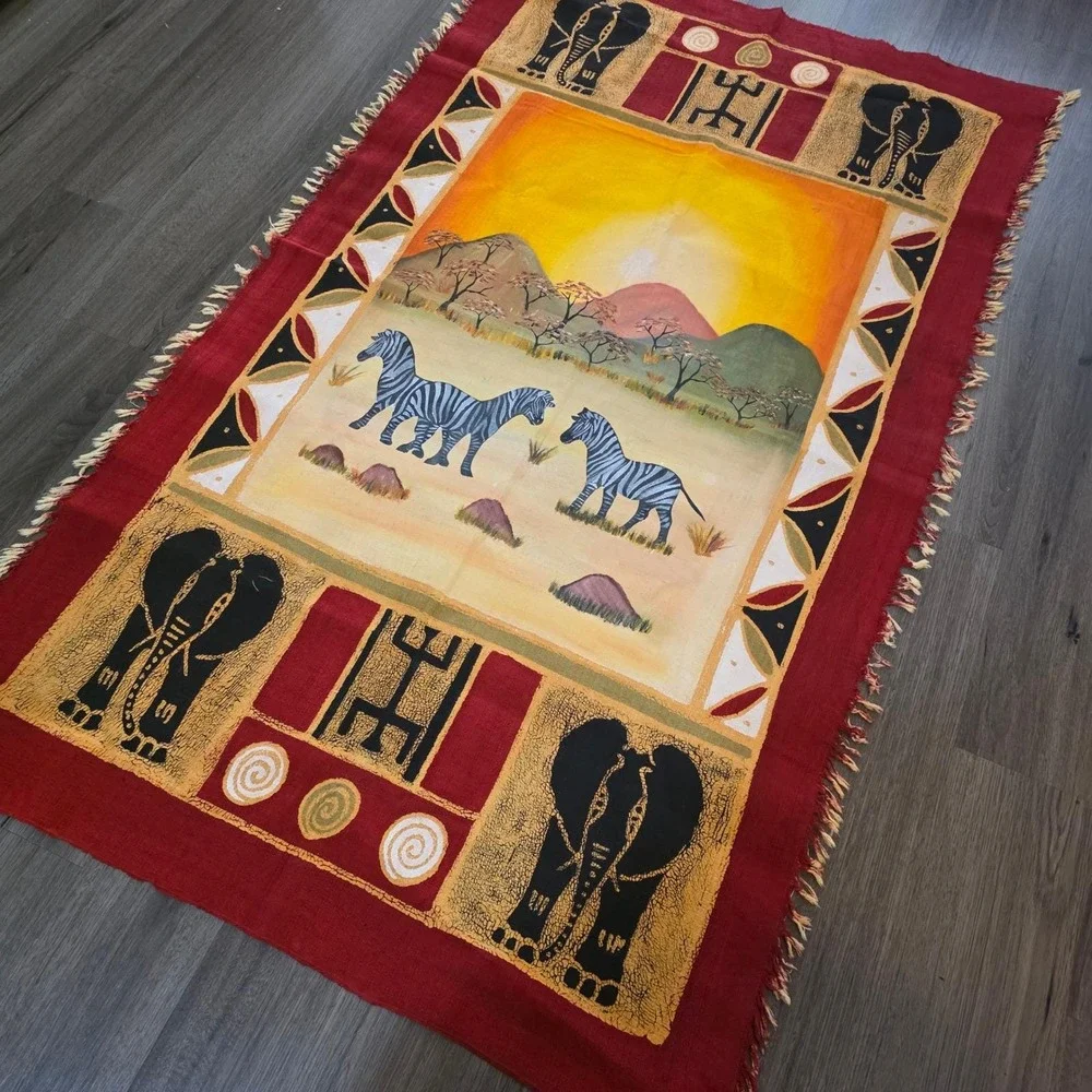 Hand Painted African Wall Hanging or Textile Safari Zebra Elephant Sunrise 36x60